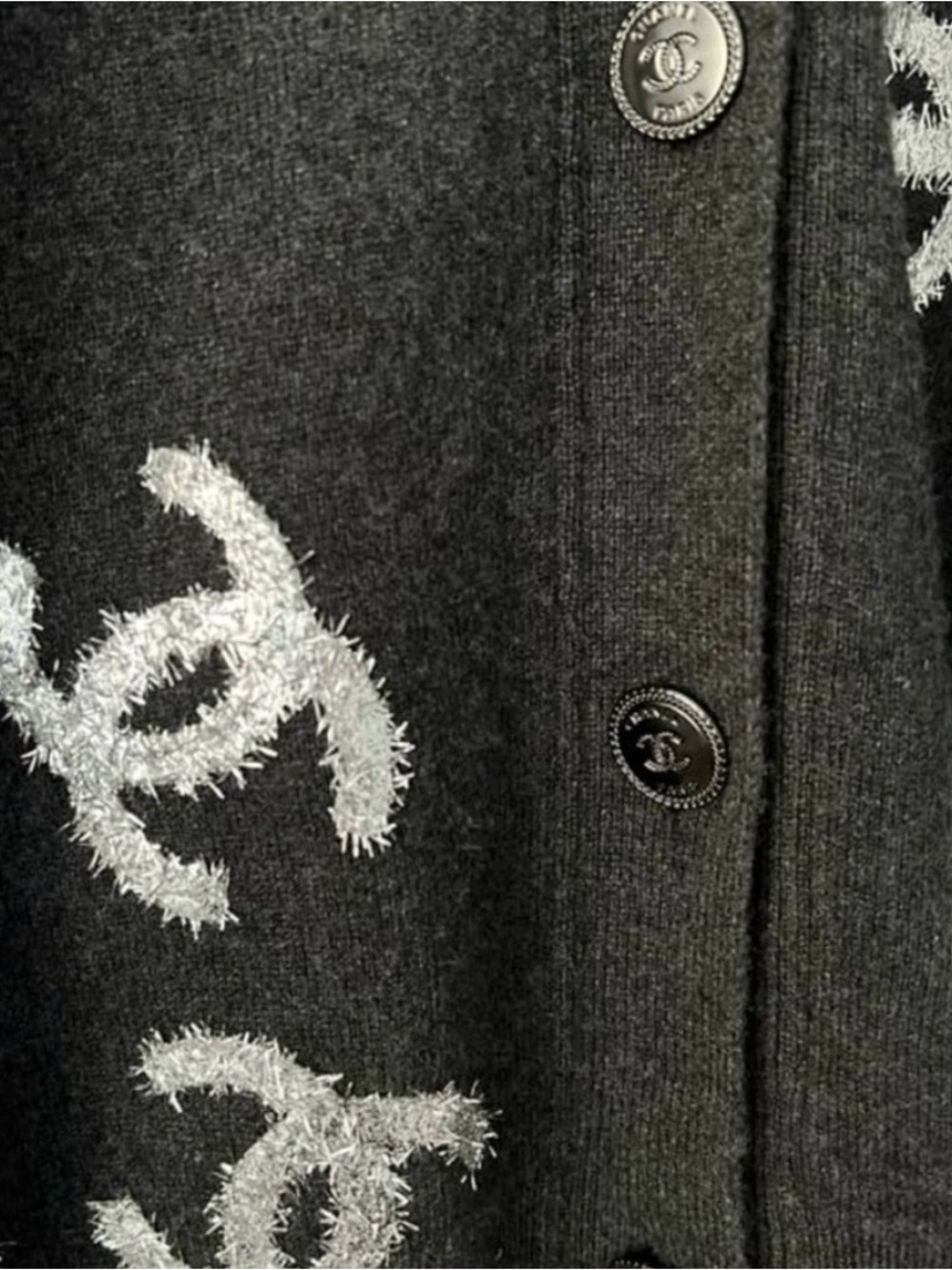 Chanel- like Black Cardigan with Silver CC tinsel Embellishments - Picture 3 of 9
